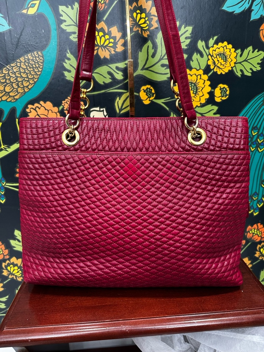 Vintage Bally Quilted Lambskin Tote Red Leather Gold Chain Italy 80s - Picture 11 of 15